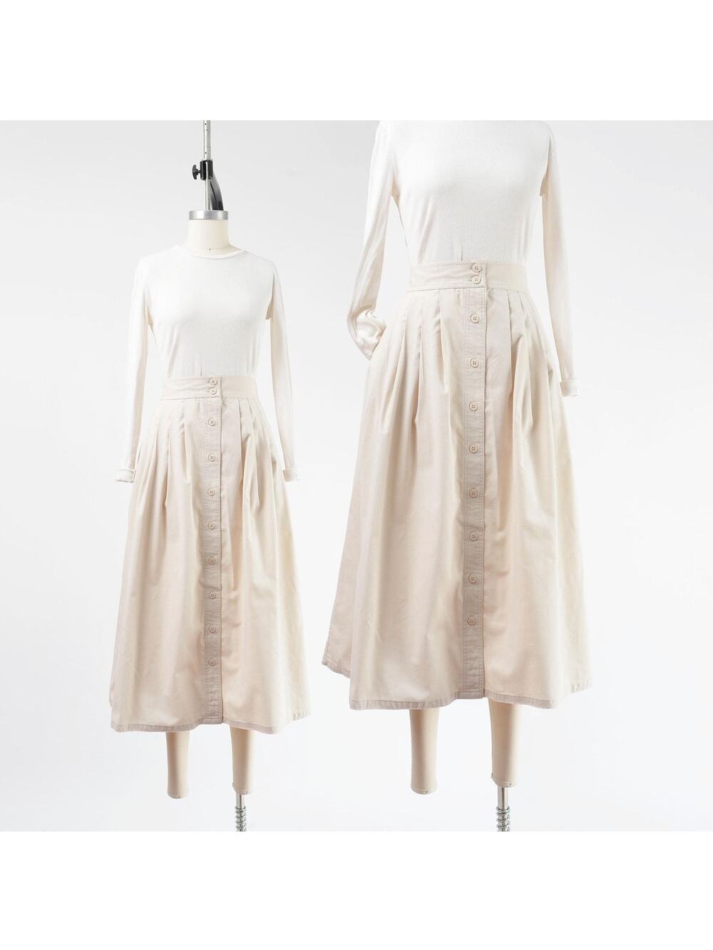 Vintage 90s Beige Button Front Pleated Cotton Blend Minimalist Midi Skirt L XL